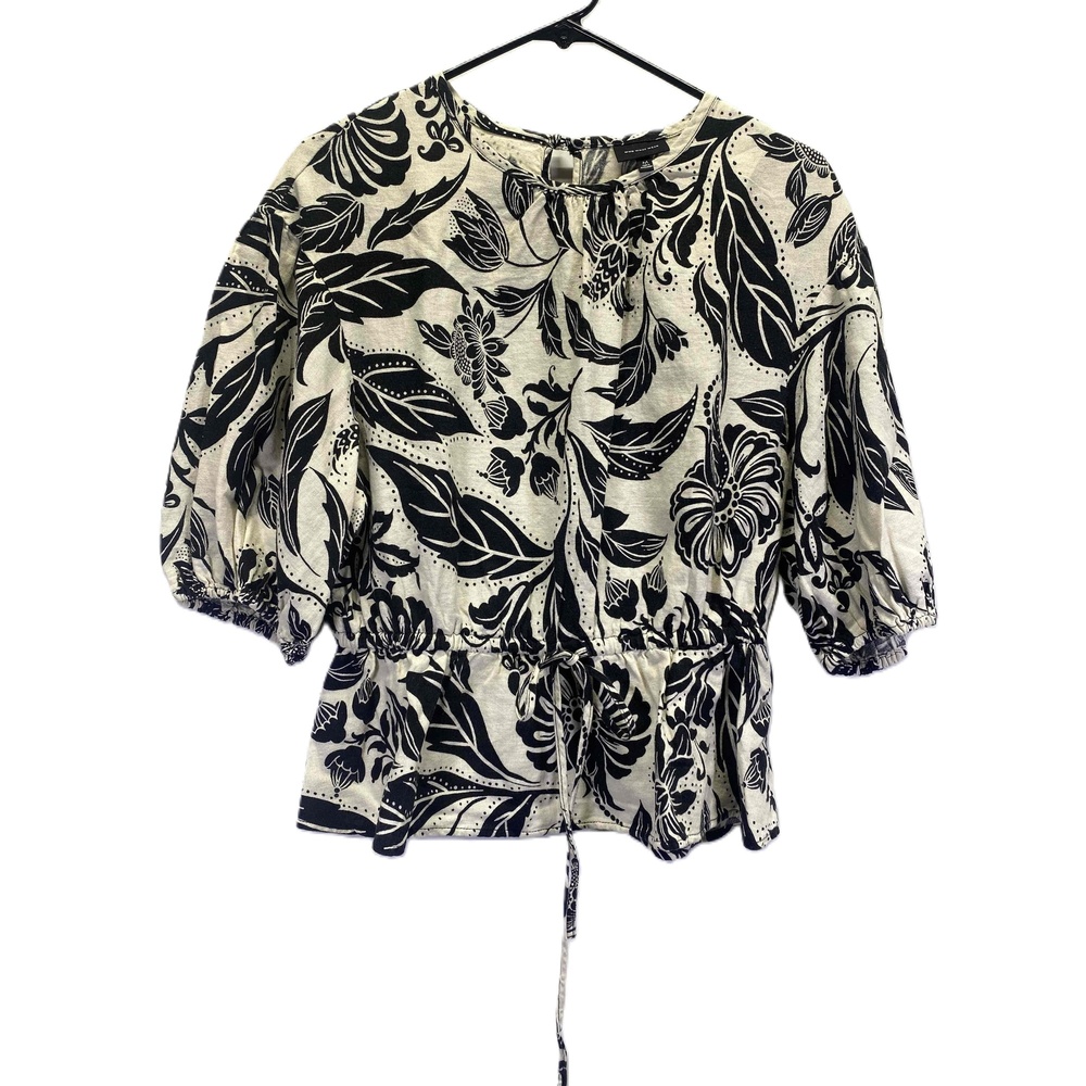 Who‎ What Wear Black Tan Linen Blend Women's 3/4 Sleeve Peplum Blouse Medium